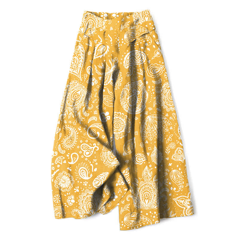 Buddha Stones Cotton Linen Olive Paisley Pattern Women's Elastic Waist Wide Leg Pants With Pockets - Goldenrod - US16，UK/AU20，EU48 (3XL) - image 6