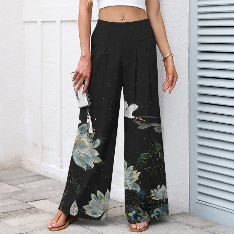 Buddha Stones Cotton Linen Lotus Crane Pattern Women's Elastic Waist Wide Leg Pants With Pockets - image 1