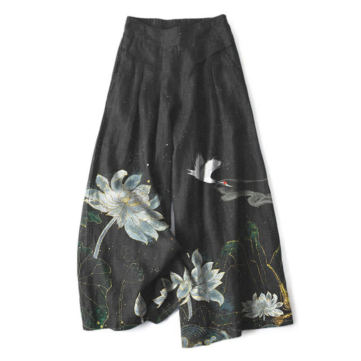 Buddha Stones Cotton Linen Lotus Crane Pattern Women's Elastic Waist Wide Leg Pants With Pockets - Black - US16，UK/AU20，EU48 (3XL) - image 0