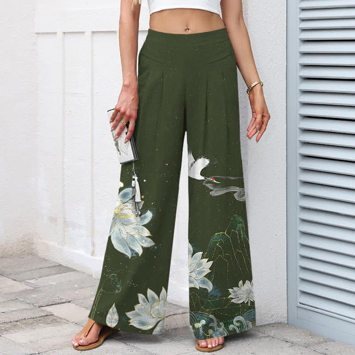 Buddha Stones Cotton Linen Lotus Crane Pattern Women's Elastic Waist Wide Leg Pants With Pockets - image 5