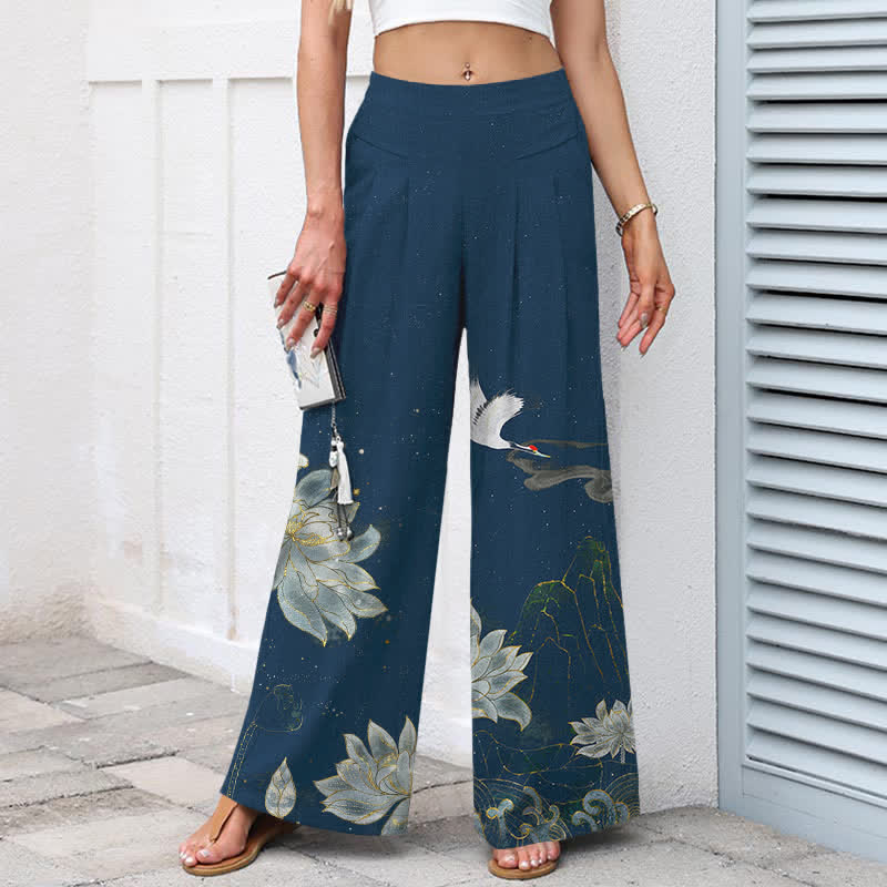 Buddha Stones Cotton Linen Lotus Crane Pattern Women's Elastic Waist Wide Leg Pants With Pockets - image 7