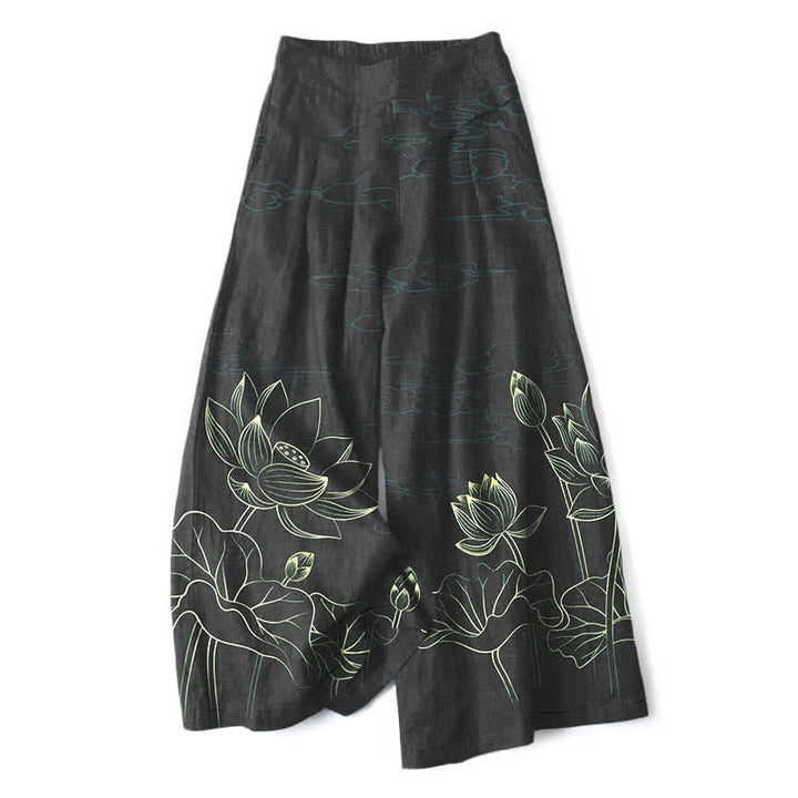 Buddha Stones Cotton Linen Lotus Line Art Pattern Women's Elastic Waist Wide Leg Pants With Pockets - Black - US16，UK/AU20，EU48 (3XL) - image 4