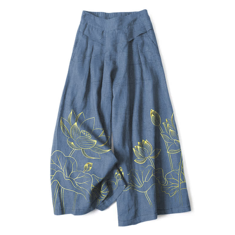 Buddha Stones Cotton Linen Lotus Line Art Pattern Women's Elastic Waist Wide Leg Pants With Pockets - SteelBlue - US16，UK/AU20，EU48 (3XL) - image 6