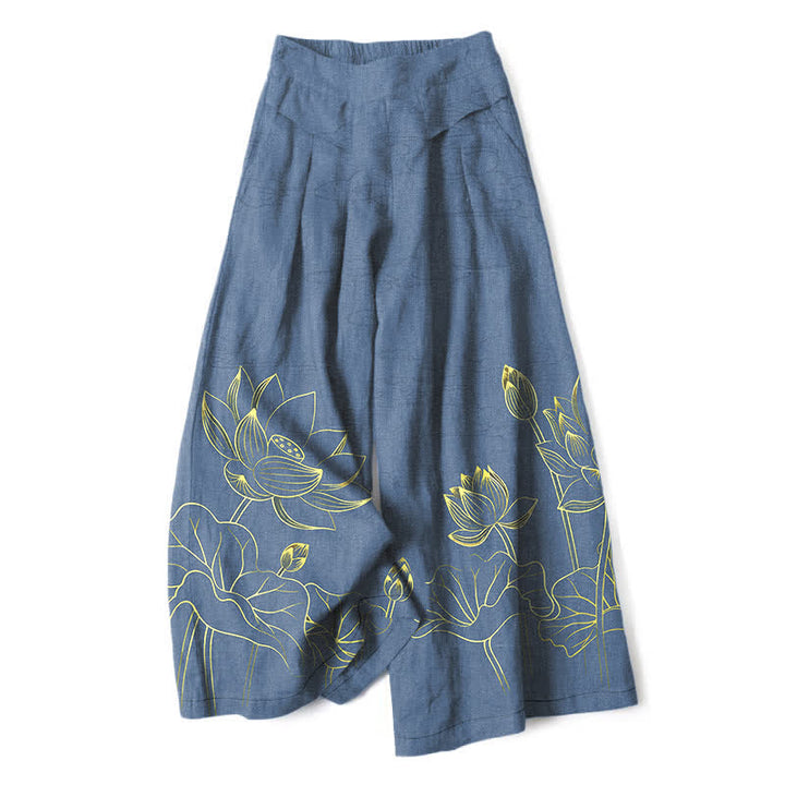 Buddha Stones Cotton Linen Lotus Line Art Pattern Women's Elastic Waist Wide Leg Pants With Pockets - SteelBlue - US16，UK/AU20，EU48 (3XL) - image 6