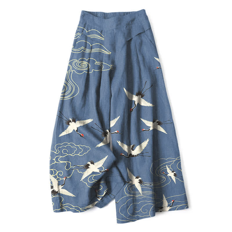 Buddha Stones Cotton Linen Crane Cloud Pattern Women's Elastic Waist Wide Leg Pants With Pockets - SteelBlue - US16，UK/AU20，EU48 (3XL) - image 0