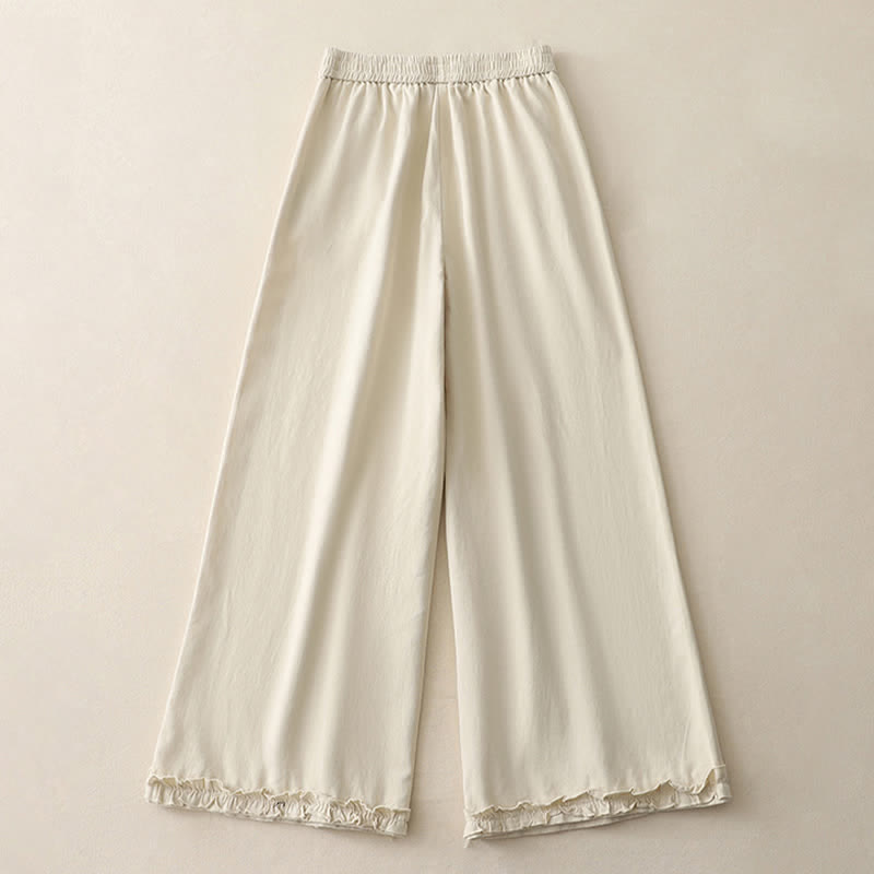 Buddha Stones Spring Casual Solid Cotton Ruffle Hem Women's Wide Leg Pants With Pockets - image 5