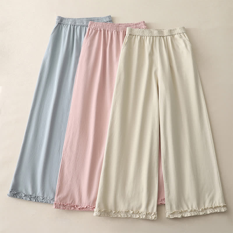Buddha Stones Spring Casual Solid Cotton Ruffle Hem Women's Wide Leg Pants With Pockets - image 19