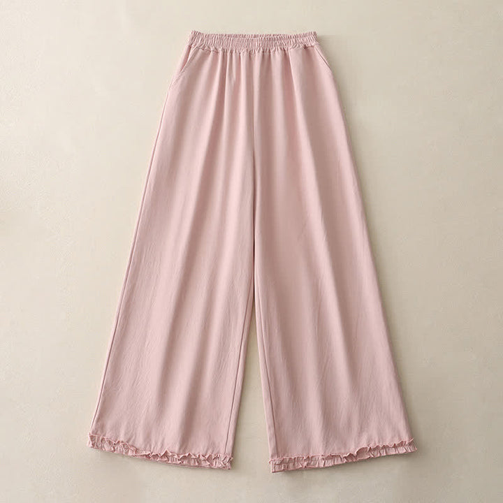 Buddha Stones Spring Casual Solid Cotton Ruffle Hem Women's Wide Leg Pants With Pockets - image 13