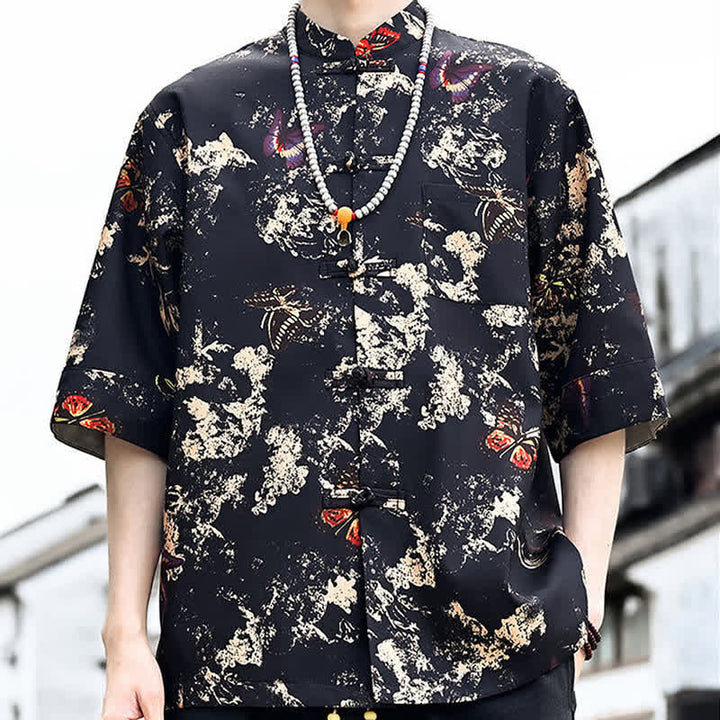 Buddha Stones Summer Tang Style Frog Button Floral Leaves Butterfly Print Men's Elbow-Length Sleeve Shirt With Chest Pocket - image 3