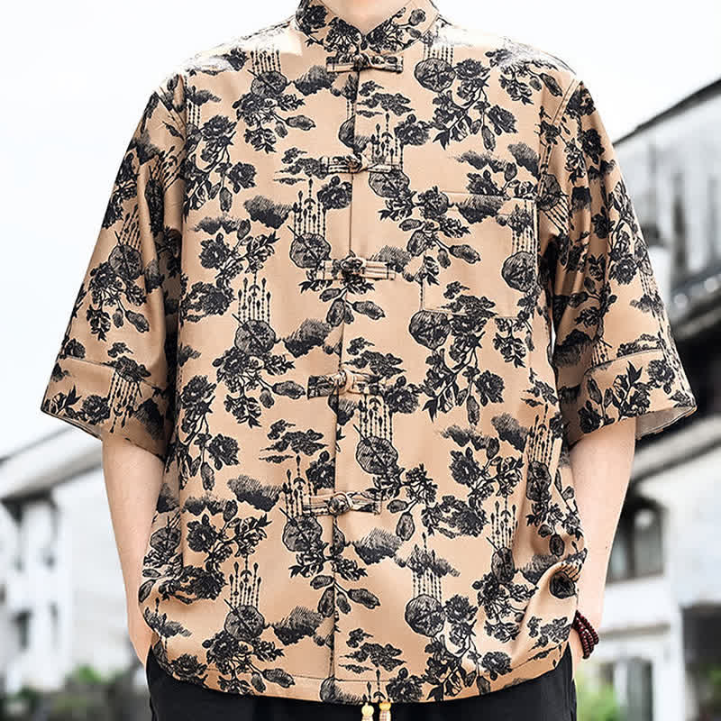 Buddha Stones Summer Tang Style Frog Button Floral Leaves Butterfly Print Men's Elbow-Length Sleeve Shirt With Chest Pocket - image 16