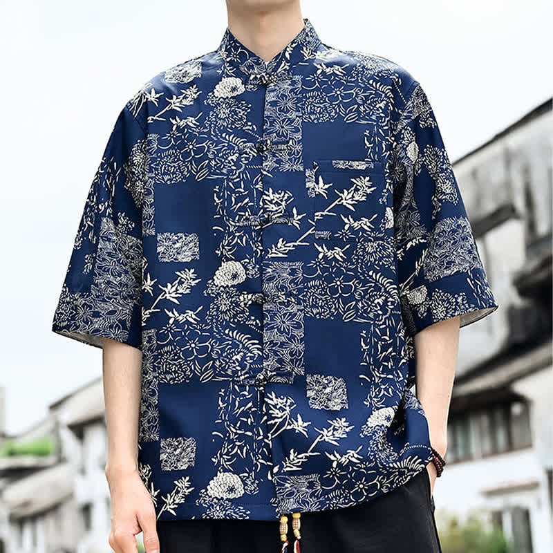 Buddha Stones Summer Tang Style Frog Button Floral Leaves Butterfly Print Men's Elbow-Length Sleeve Shirt With Chest Pocket - image 9