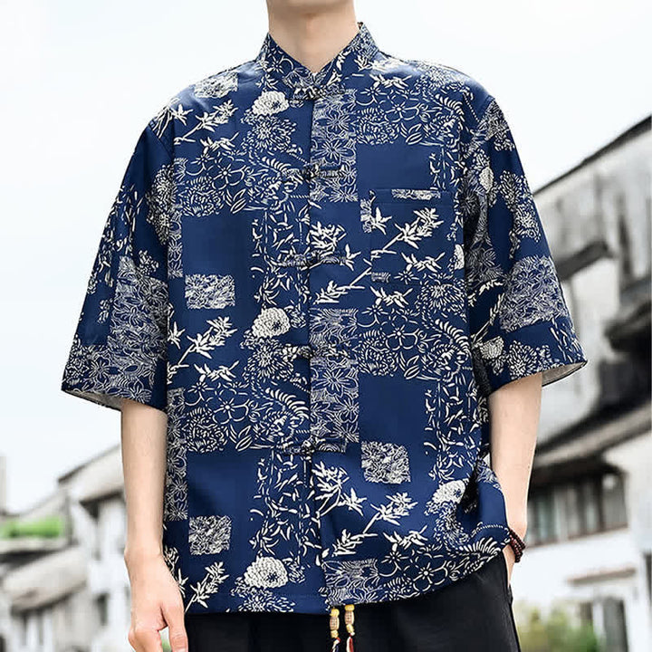 Buddha Stones Summer Tang Style Frog Button Floral Leaves Butterfly Print Men's Elbow-Length Sleeve Shirt With Chest Pocket - image 9