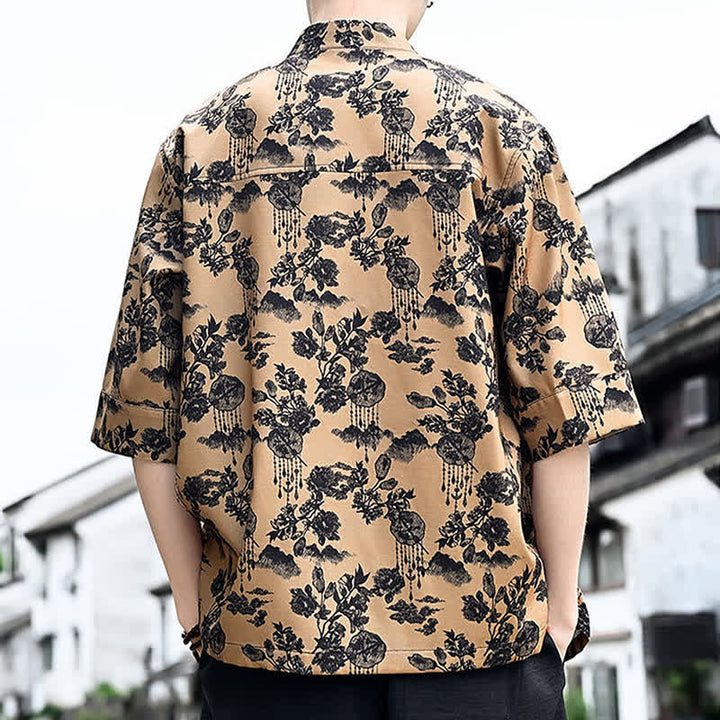 Buddha Stones Summer Tang Style Frog Button Floral Leaves Butterfly Print Men's Elbow-Length Sleeve Shirt With Chest Pocket - image 14