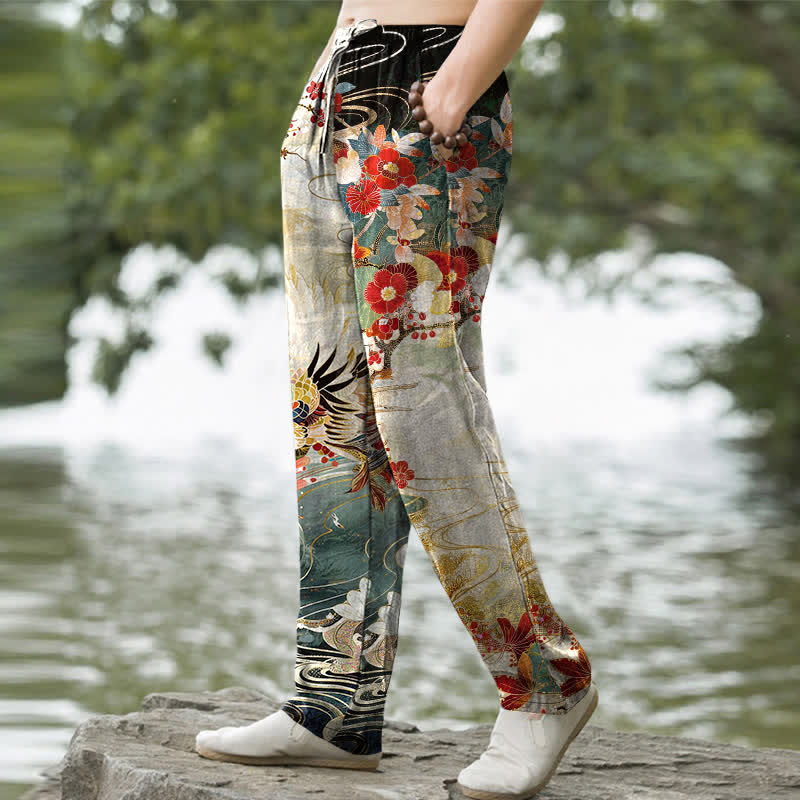 Buddha Stones Cotton White Crane Wave Pattern Men's Tapered Pants With Pockets - image 1