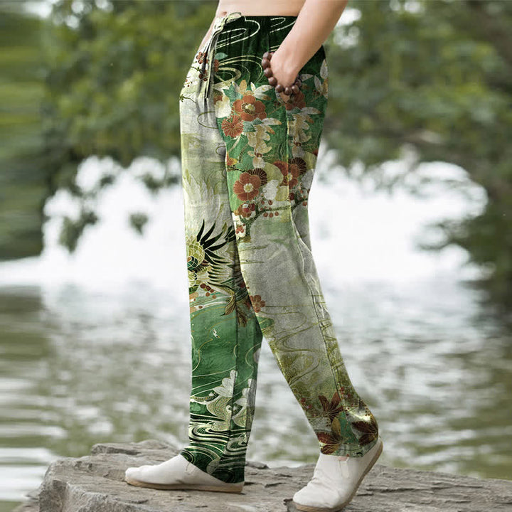 Buddha Stones Cotton White Crane Wave Pattern Men's Tapered Pants With Pockets - image 7
