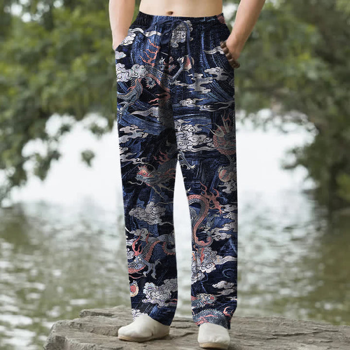 Buddha Stones Cotton Dragon Cloud Pattern Men's Tapered Pants With Pockets - Navy - US/UK/AU50，EU60 (5XL) - image 4