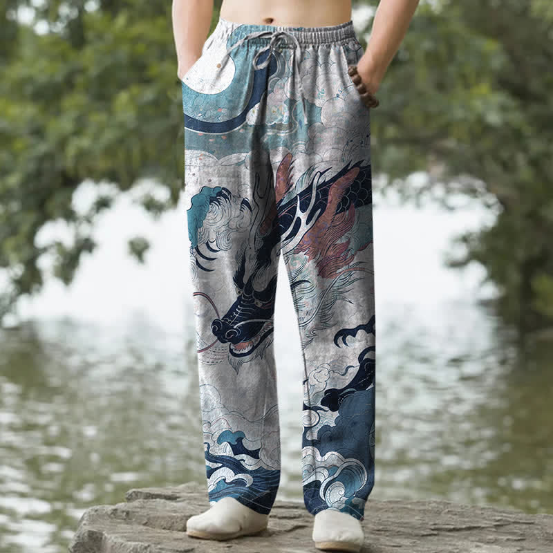 Buddha Stones Cotton Oriental Dragon Wave Pattern Men's Tapered Pants With Pockets - LightGrey - US/UK/AU50，EU60 (5XL) - image 4