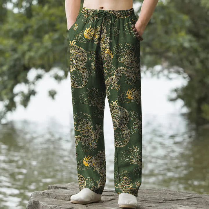Buddha Stones Cotton Golden Dragon Cloud Pattern Men's Tapered Pants With Pockets - ForestGreen - US/UK/AU50，EU60 (5XL) - image 4