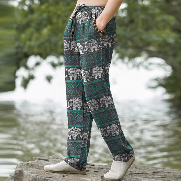 Buddha Stones Cotton Elephant Geometric Stripe Pattern Men's Tapered Pants With Pockets - image 5