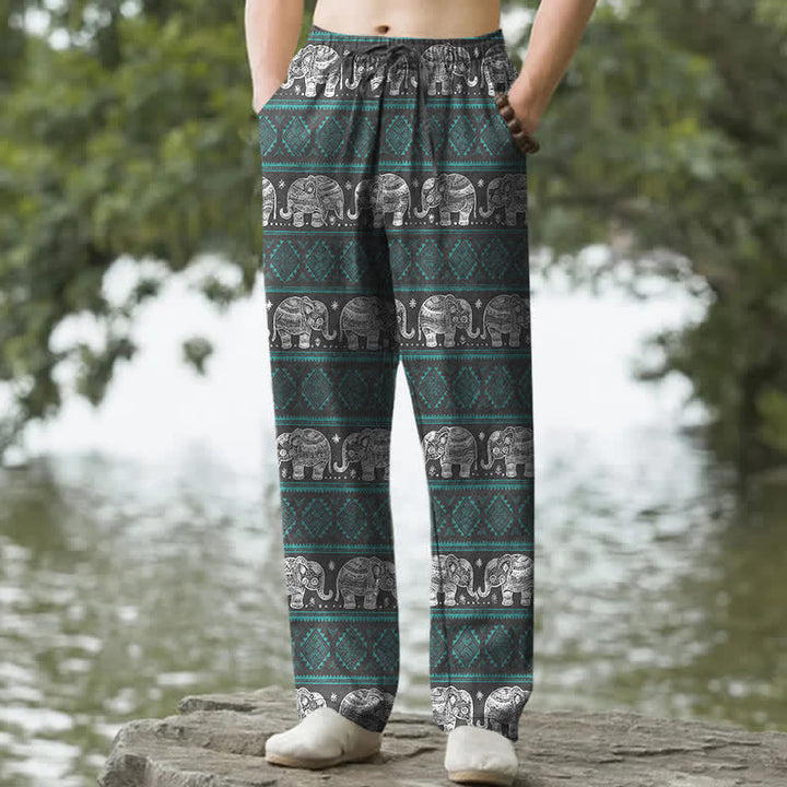Buddha Stones Cotton Elephant Geometric Stripe Pattern Men's Tapered Pants With Pockets - Teal - US/UK/AU50，EU60 (5XL) - image 4
