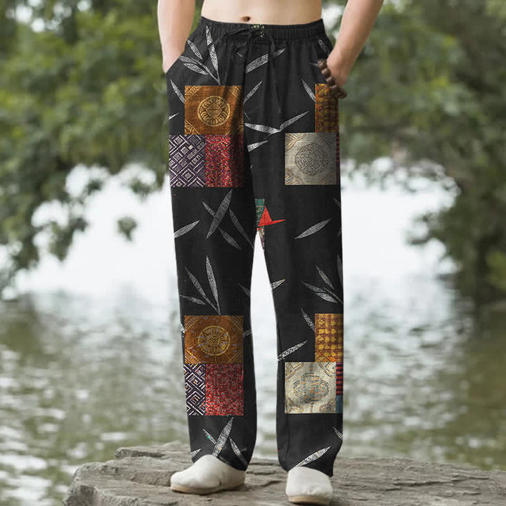 Buddha Stones Cotton Bohemian Patchwork Leaf Pattern Men's Tapered Pants With Pockets - Black - US/UK/AU50，EU60 (5XL) - image 6