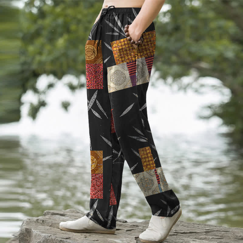 Buddha Stones Cotton Bohemian Patchwork Leaf Pattern Men's Tapered Pants With Pockets - image 7