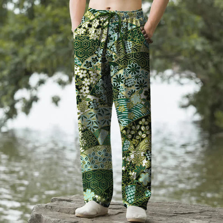 Buddha Stones Cotton Bohemian Patchwork Pattern Men's Tapered Pants With Pockets - ForestGreen - US/UK/AU50，EU60 (5XL) - image 6