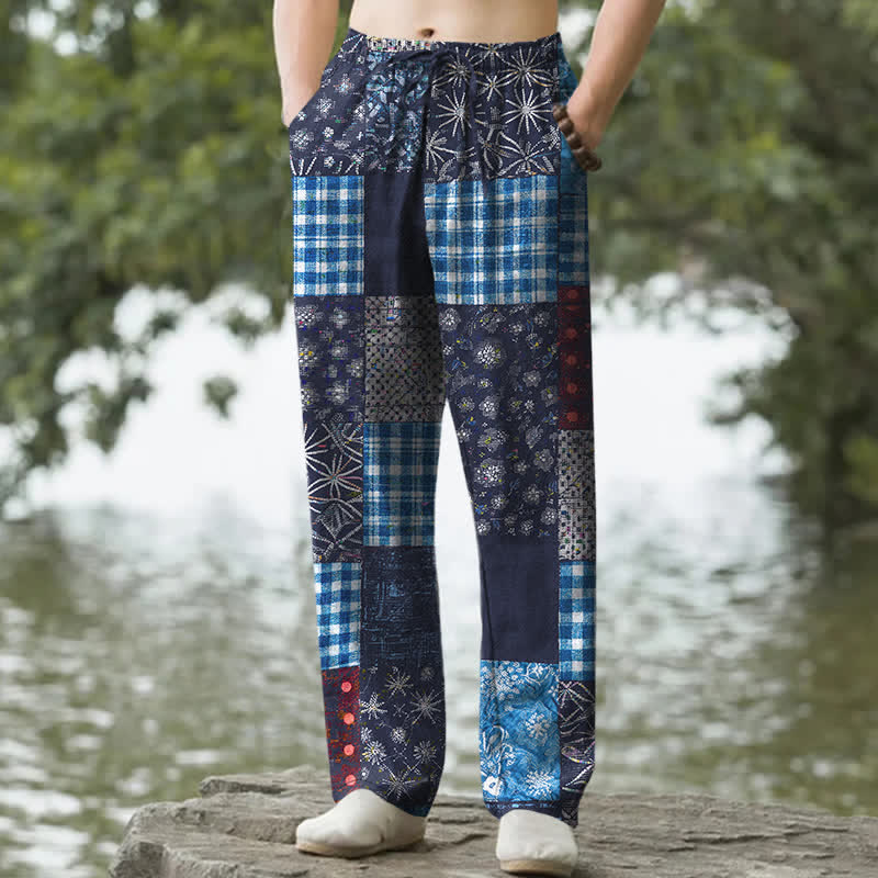 Buddha Stones Cotton Patchwork Floral Pattern Men's Tapered Pants With Pockets - Navy - US/UK/AU50，EU60 (5XL) - image 0