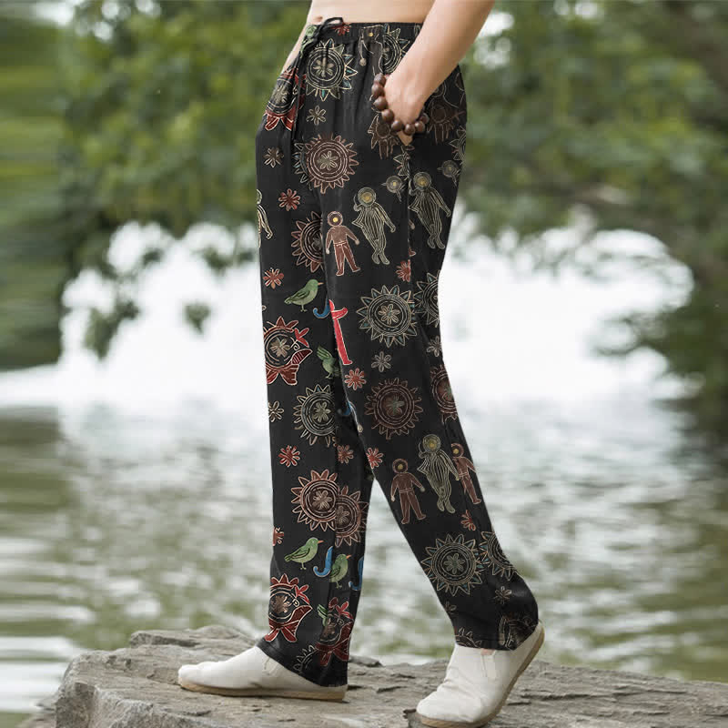 Buddha Stones Cotton Bohemian Sun Figure Pattern Men's Tapered Pants With Pockets - image 1