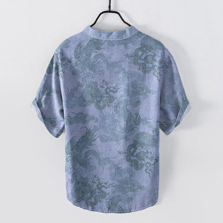 Buddha Stones Cotton Vintage Dragon Pattern Men's Short Sleeve Half Button Shirt - image 4