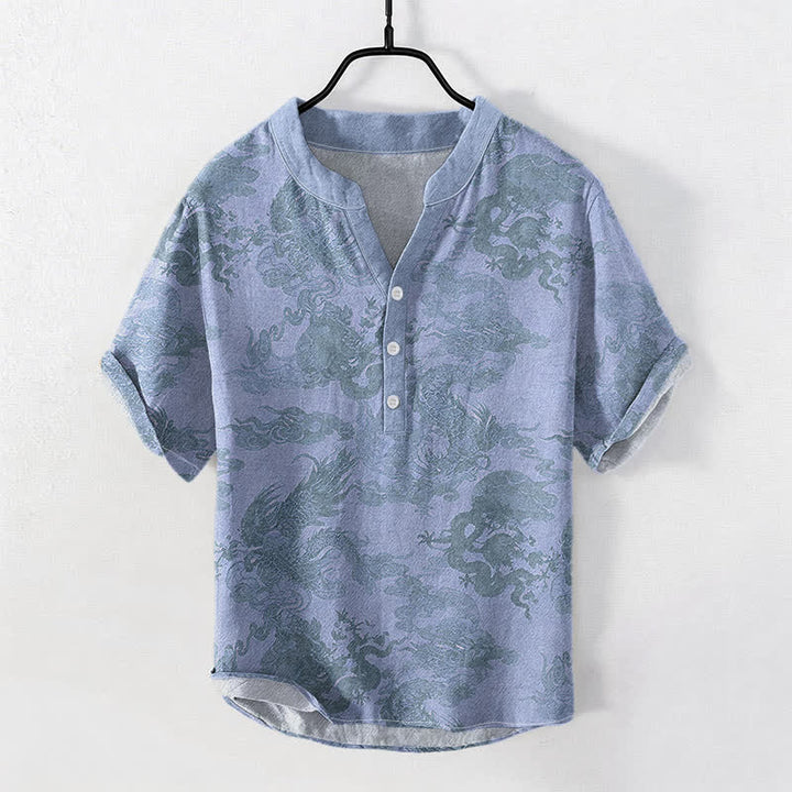 Buddha Stones Cotton Vintage Dragon Pattern Men's Short Sleeve Half Button Shirt - LightBlue - US/UK/AU50，EU60 (5XL) - image 3