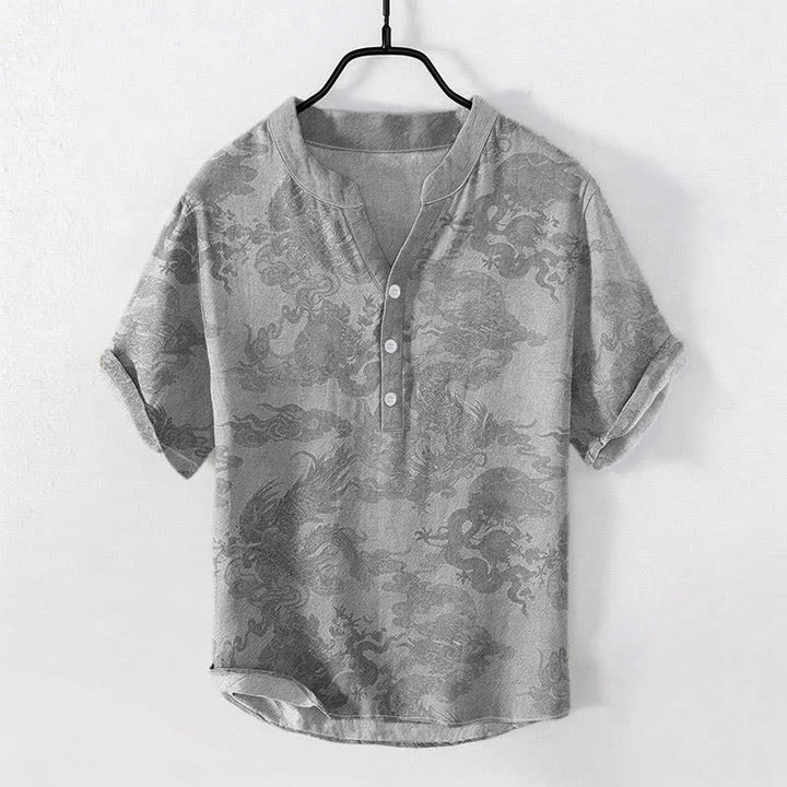 Buddha Stones Cotton Vintage Dragon Pattern Men's Short Sleeve Half Button Shirt - LightGrey - US/UK/AU50，EU60 (5XL) - image 5