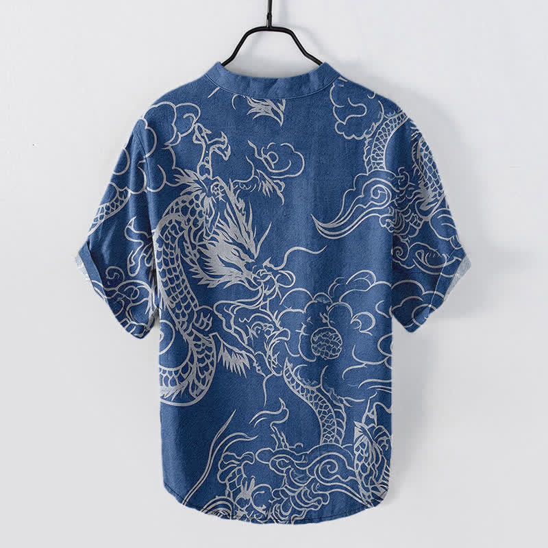 Buddha Stones Cotton White Dragon Cloud Pattern Men's Short Sleeve Half Button Shirt - image 1