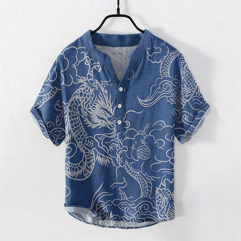 Buddha Stones Cotton White Dragon Cloud Pattern Men's Short Sleeve Half Button Shirt - SteelBlue - US/UK/AU50，EU60 (5XL) - image 0