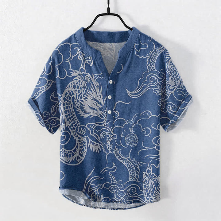 Buddha Stones Cotton White Dragon Cloud Pattern Men's Short Sleeve Half Button Shirt - SteelBlue - US/UK/AU50，EU60 (5XL) - image 0
