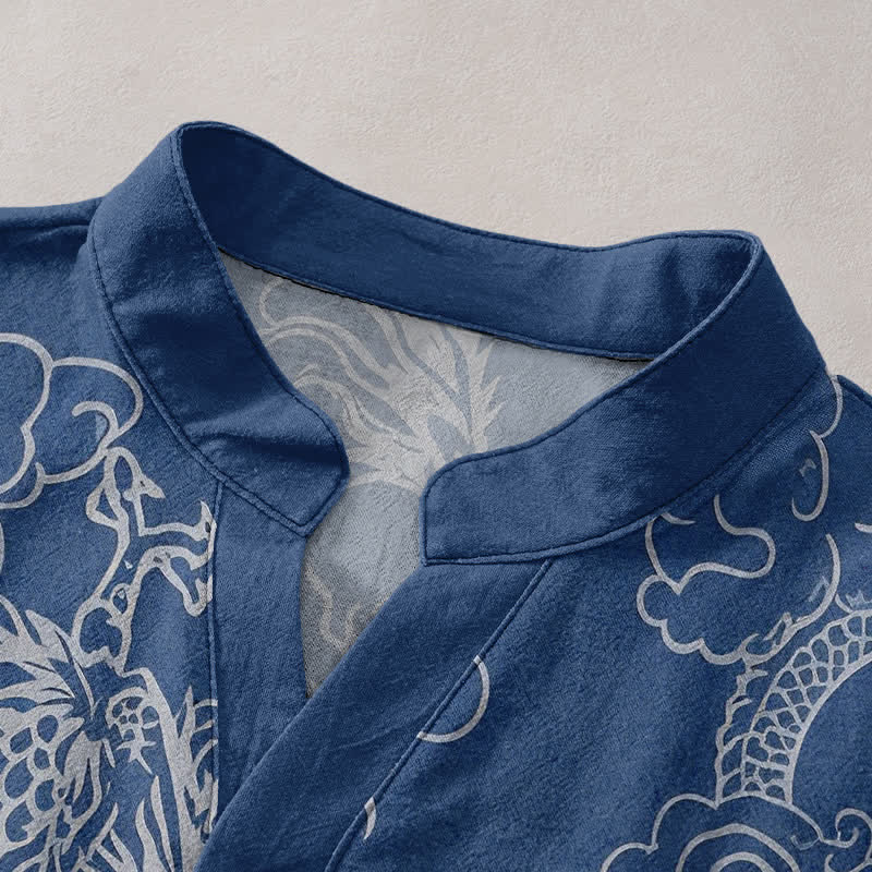 Buddha Stones Cotton White Dragon Cloud Pattern Men's Short Sleeve Half Button Shirt - image 2
