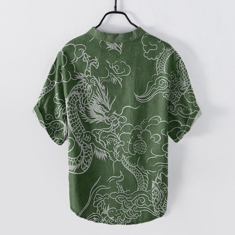 Buddha Stones Cotton White Dragon Cloud Pattern Men's Short Sleeve Half Button Shirt - image 6