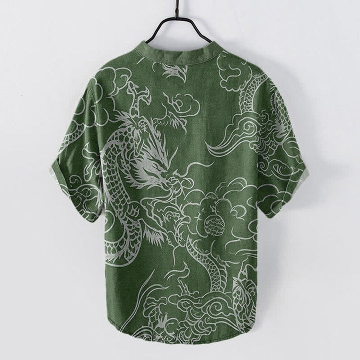 Buddha Stones Cotton White Dragon Cloud Pattern Men's Short Sleeve Half Button Shirt - image 6