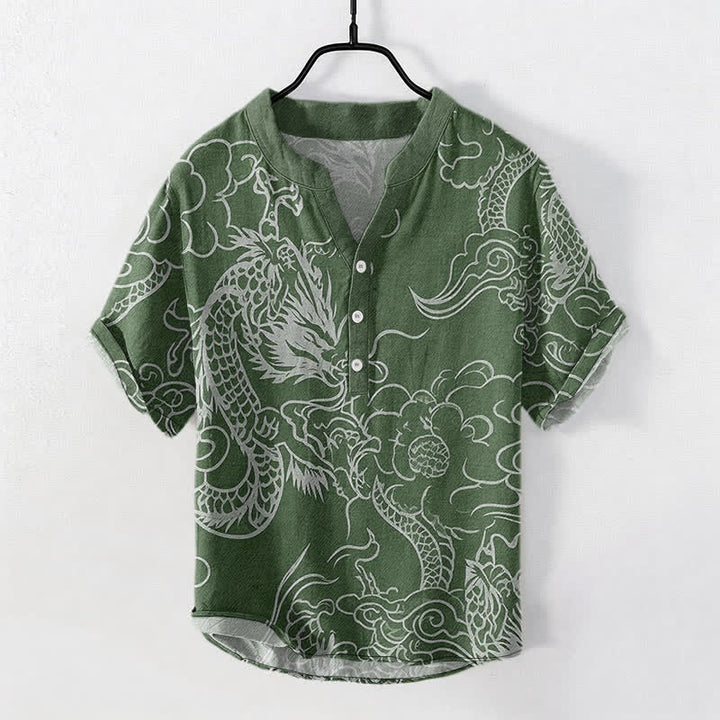 Buddha Stones Cotton White Dragon Cloud Pattern Men's Short Sleeve Half Button Shirt - ForestGreen - US/UK/AU50，EU60 (5XL) - image 5