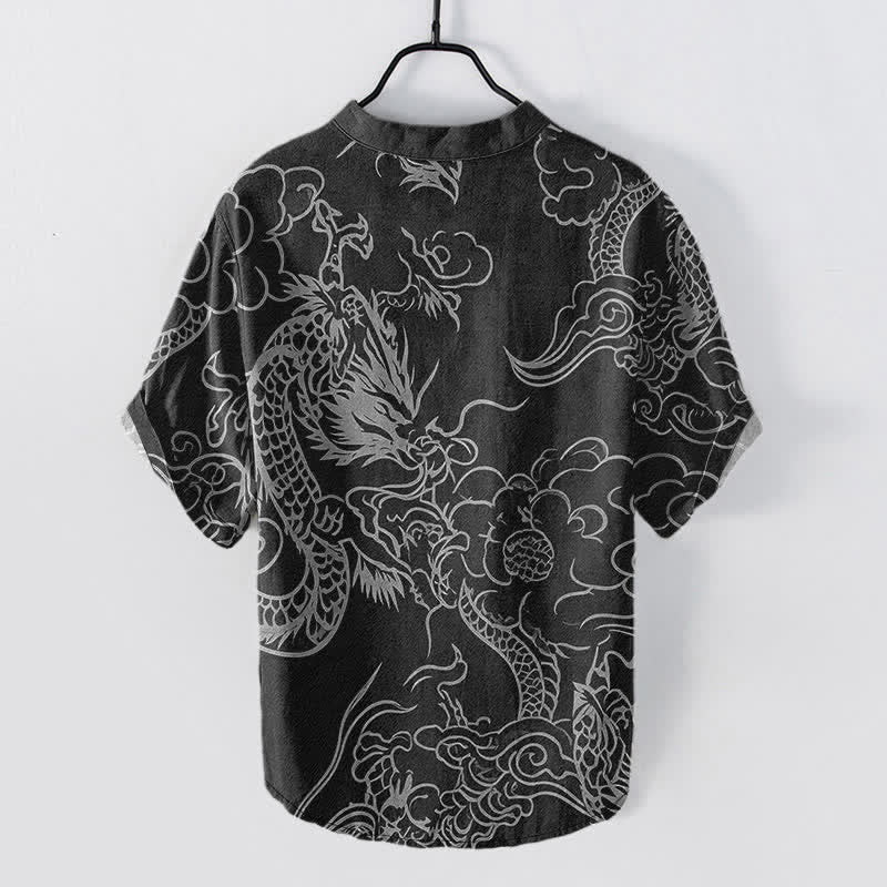 Buddha Stones Cotton White Dragon Cloud Pattern Men's Short Sleeve Half Button Shirt - image 8