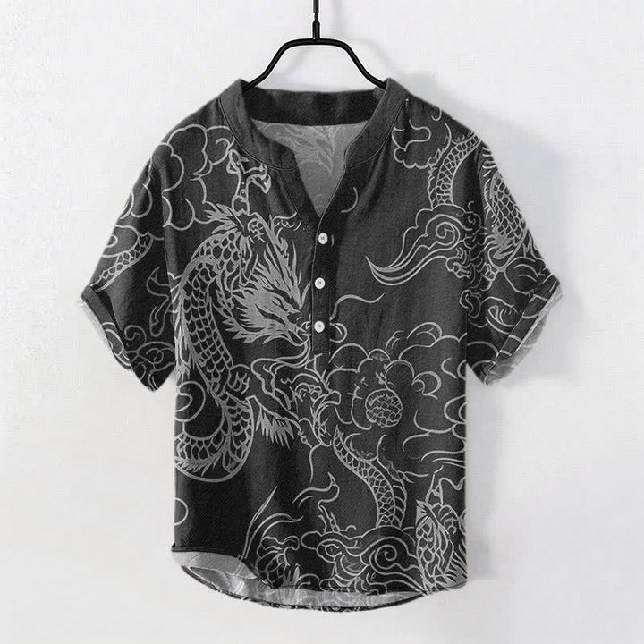 Buddha Stones Cotton White Dragon Cloud Pattern Men's Short Sleeve Half Button Shirt - Black - US/UK/AU50，EU60 (5XL) - image 7