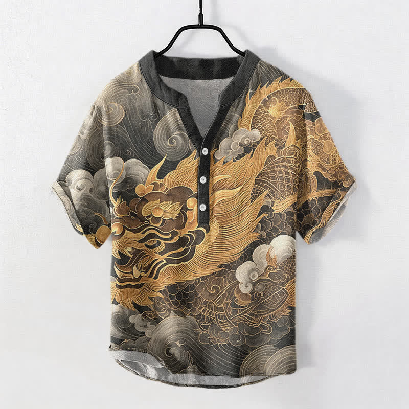 Buddha Stones Cotton Golden Dragon Pattern Men's Short Sleeve Half Button Shirt - DimGray - US/UK/AU50，EU60 (5XL) - image 0