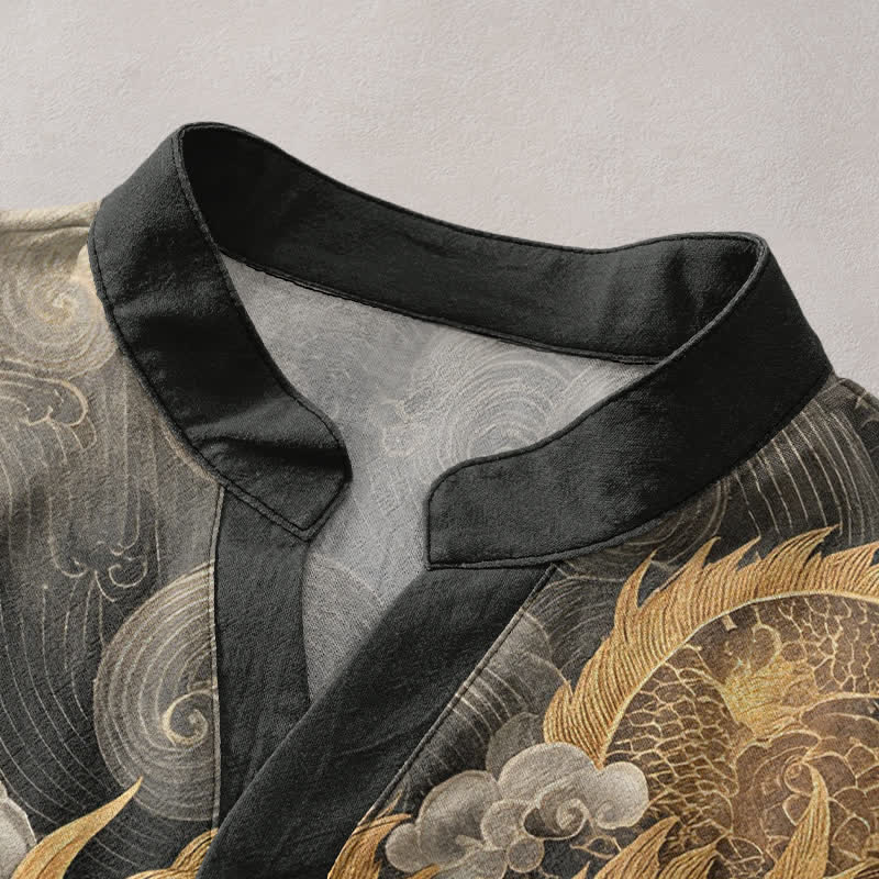 Buddha Stones Cotton Golden Dragon Pattern Men's Short Sleeve Half Button Shirt - image 2