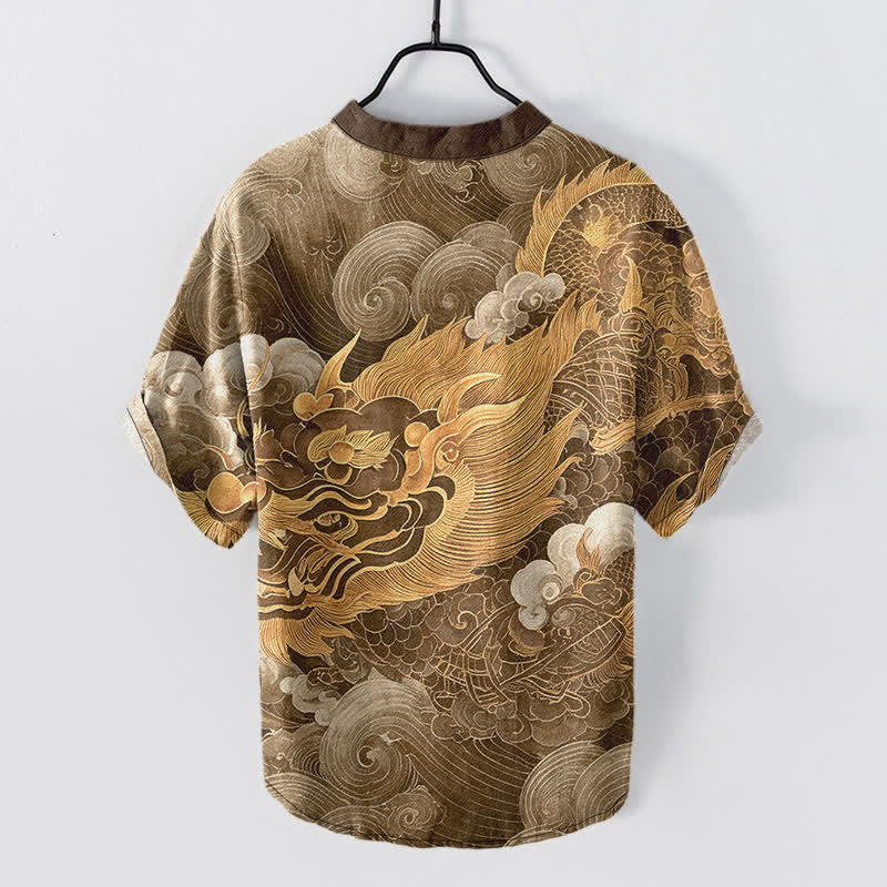 Buddha Stones Cotton Golden Dragon Pattern Men's Short Sleeve Half Button Shirt - image 6