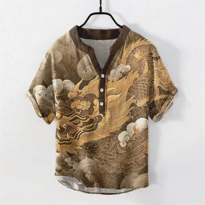 Buddha Stones Cotton Golden Dragon Pattern Men's Short Sleeve Half Button Shirt - SaddleBrown - US/UK/AU50，EU60 (5XL) - image 5
