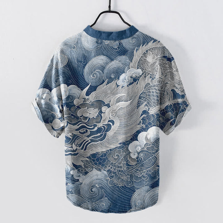 Buddha Stones Cotton Golden Dragon Pattern Men's Short Sleeve Half Button Shirt - SteelBlue - US/UK/AU50，EU60 (5XL) - image 7