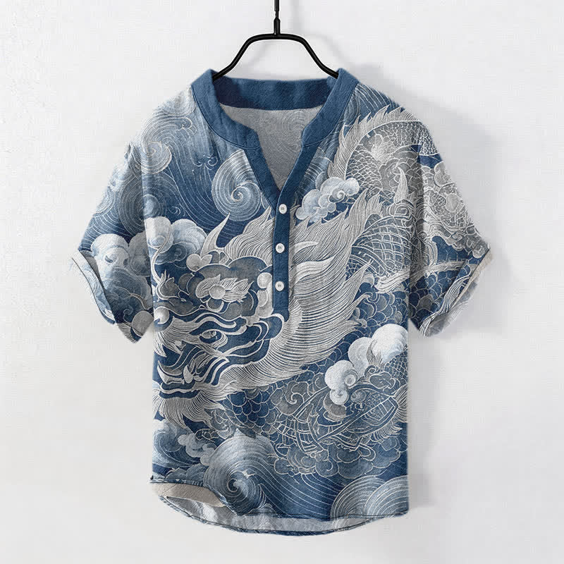 Buddha Stones Cotton Golden Dragon Pattern Men's Short Sleeve Half Button Shirt - image 8