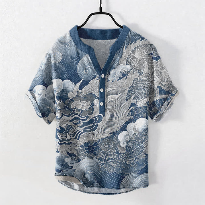 Buddha Stones Cotton Golden Dragon Pattern Men's Short Sleeve Half Button Shirt - image 8