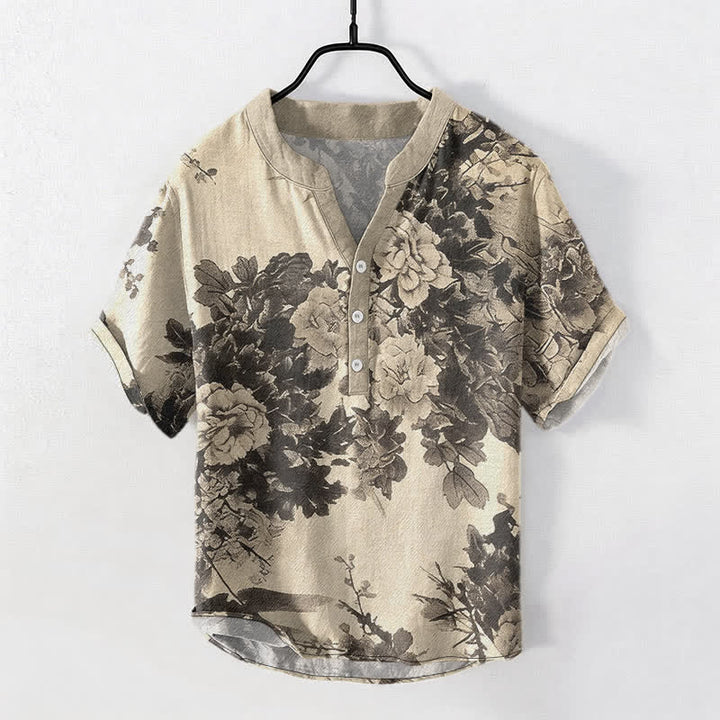 Buddha Stones Cotton Ink Floral Pattern Men's Short Sleeve Half Button Shirt - image 1
