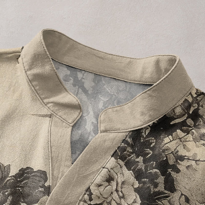 Buddha Stones Cotton Ink Floral Pattern Men's Short Sleeve Half Button Shirt - image 2